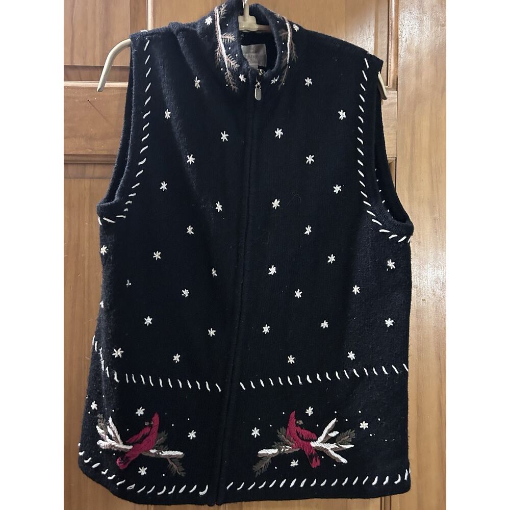 Vtg Christopher & Banks Cardinal Novelty Zip Sweater Knit Vest Womens L Xmas